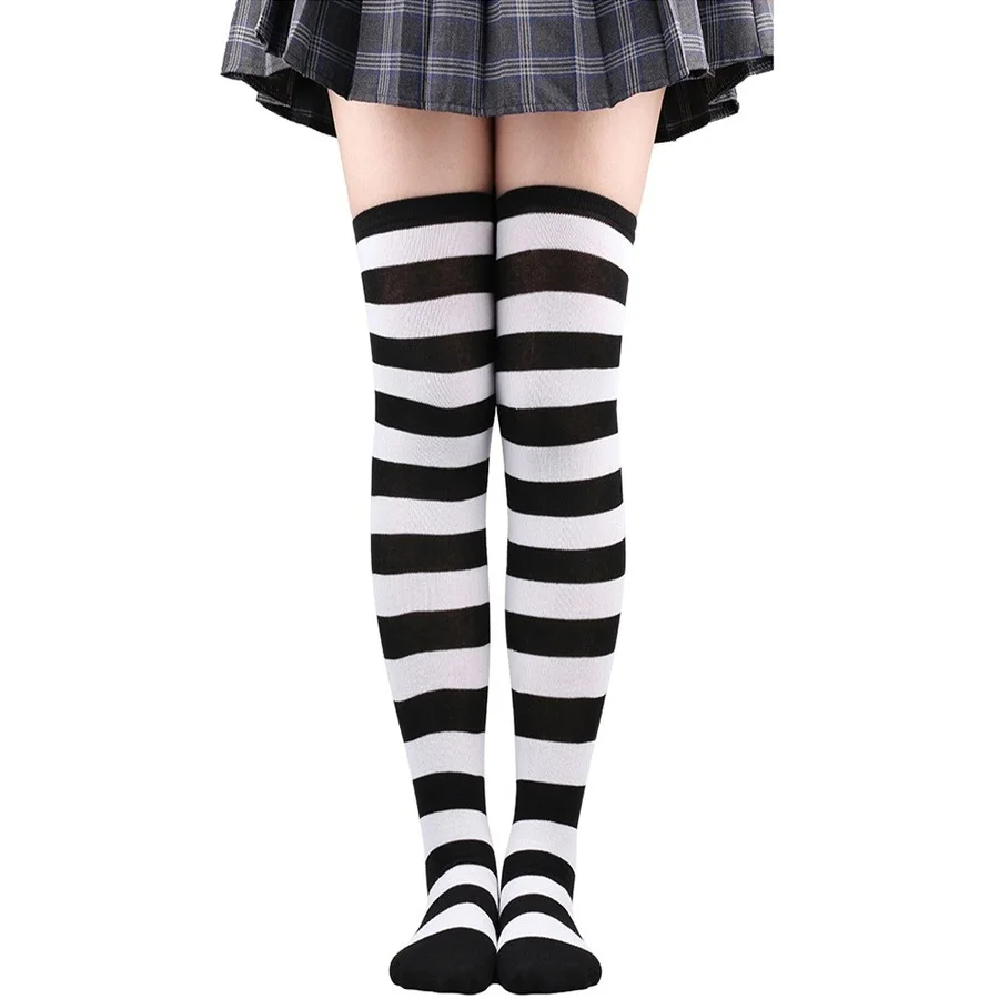 Medias altas hasta el muslo a rayas para mujer, calcetines largos por encima de la rodilla en negro, blanco y rosa, femboy Cosplay Lolita Harajuku Y2k