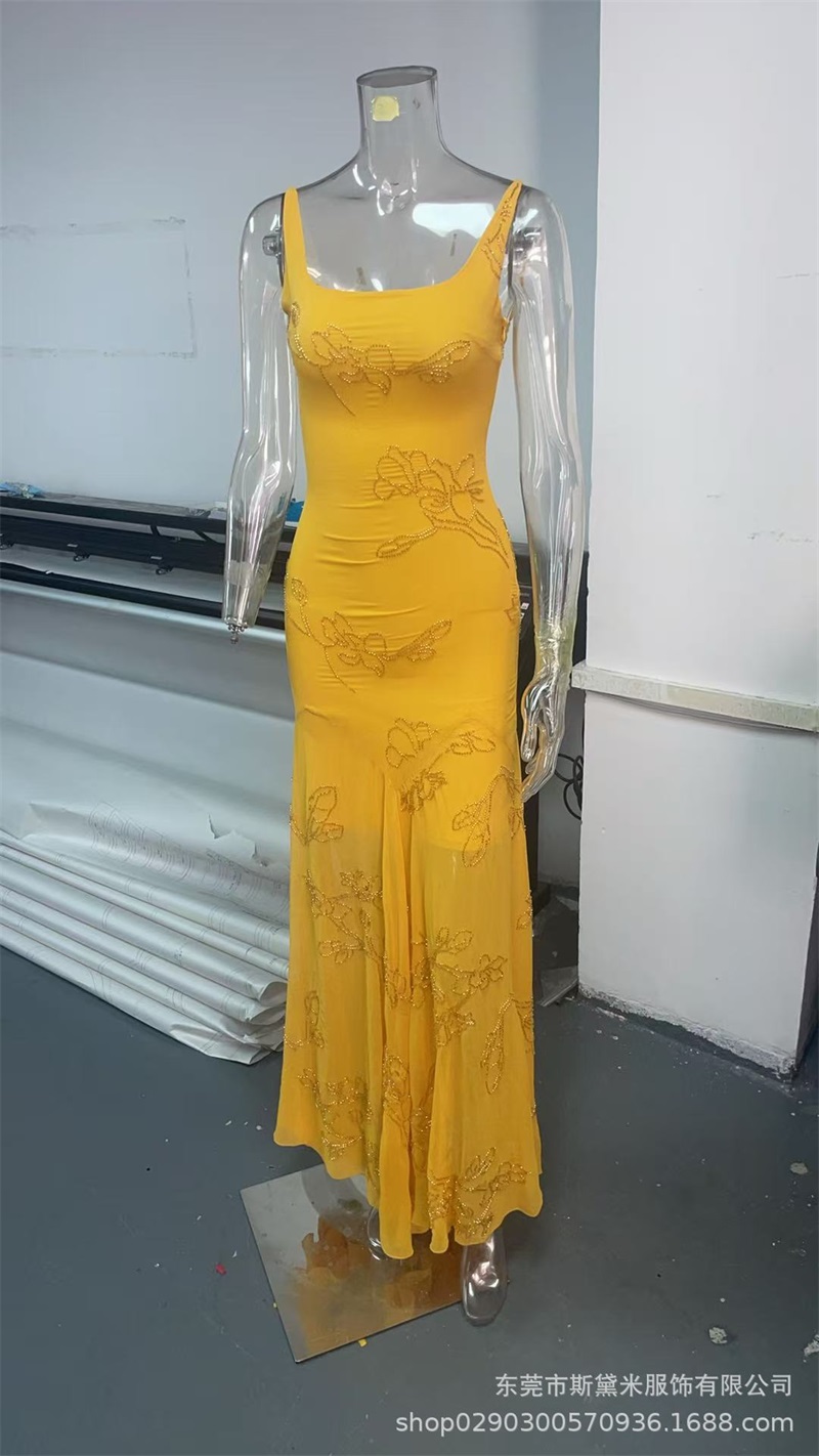 Robe de bal jaune perlée pour femmes, Sexy, à rayures, sans manches, longue Robe de soirée, dos à lacets, Robe formelle d'anniversaire, tapis rouge