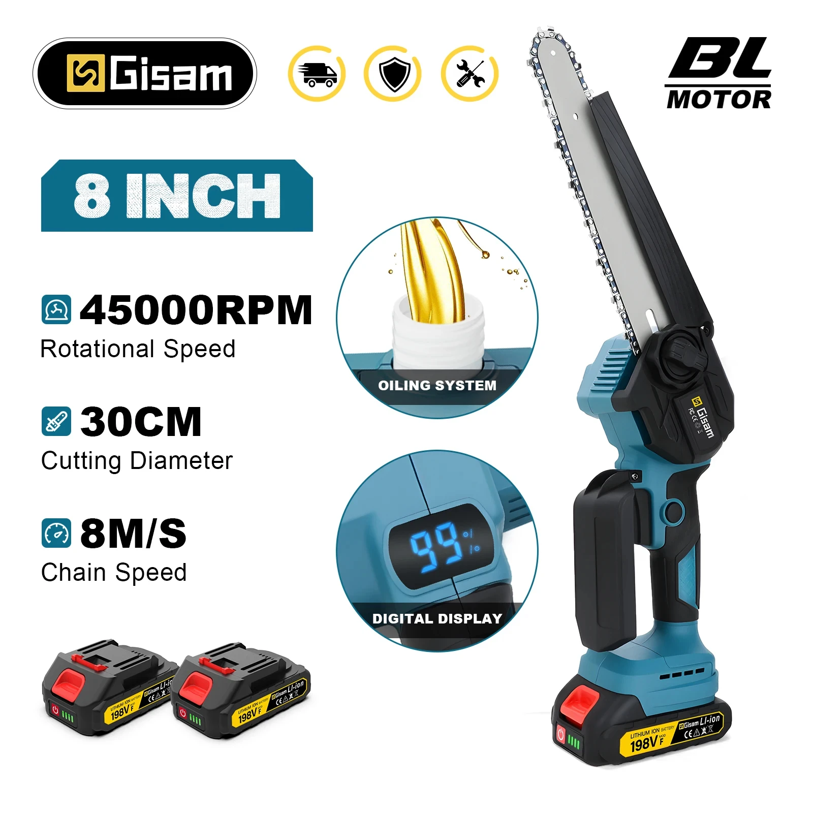 Gisam 8 Inch Brushless Electric Chainsaw Cordless Portable Electric Saw Woodworking Power Tool For makita 18v battery pins