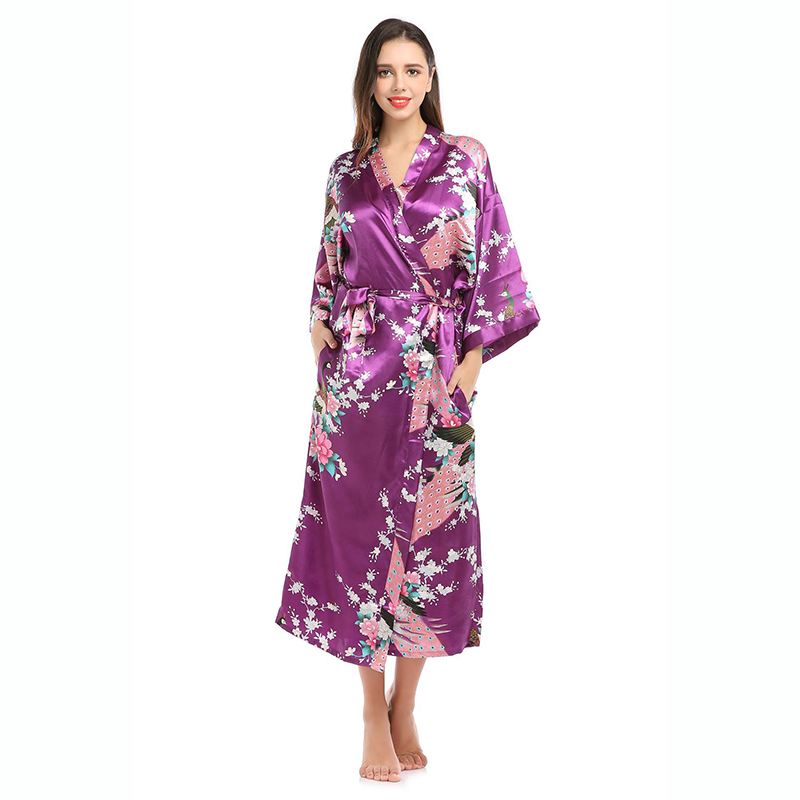 Batas tipo kimono de satén de seda para mujer, ropa de dormir larga, bata con estampado Floral de pavo real, albornoz para fiesta, boda, dama de honor