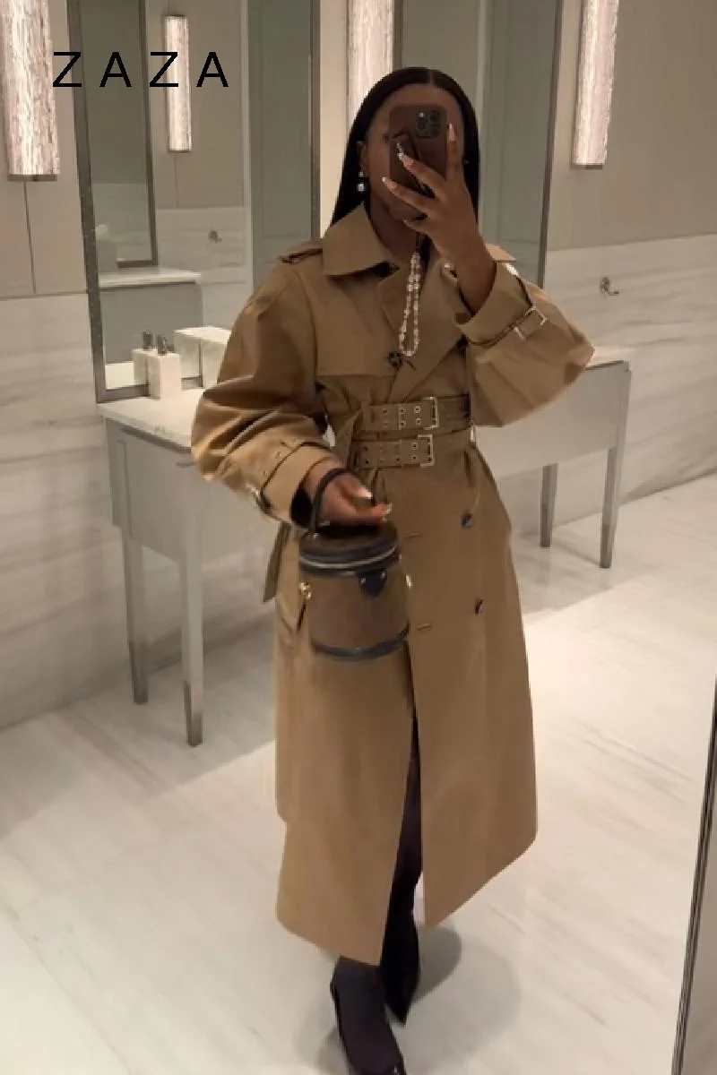Damen Herbst Punk Langer Trenchcoat Fledermausärmel Zweireiher Jacken Slim Fit Kapuzen-Crop-Mantel mit Gürtel 2025, neue Damenmäntel