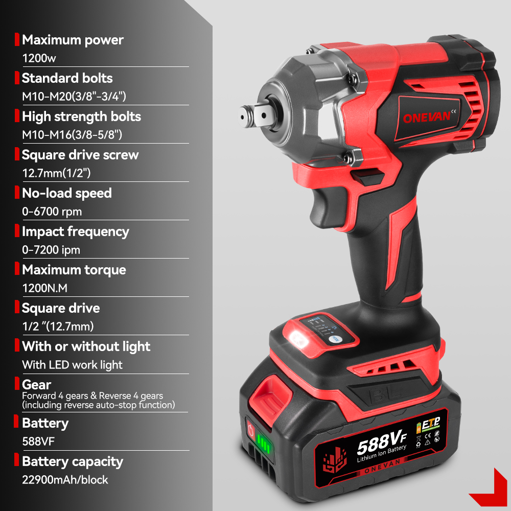 ONEVAN 1200N.M Torque Brushless Electric Impact Wrench 1/2 Inch Cordless Wrench Screwdriver Power Tools For 21V 18V Battery