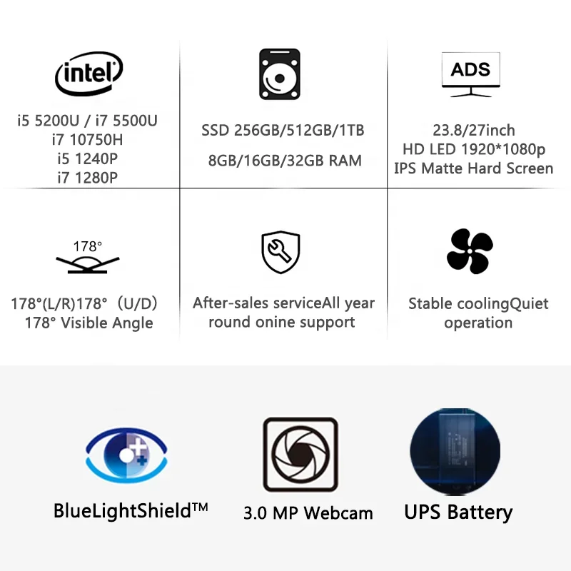 PC todo en uno con núcleo de 24 ", ordenador monobloque i5 5200u, 8GB de RAM, 256GB SSD, ordenador OEM AIO, PC todo en uno con batería UPS