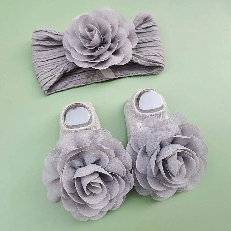 Calzini per bambini carini + fasce per capelli Set calzino in cotone antiscivolo Fiore di pizzo Fascia per capelli per neonato Turbante Accessori per capelli per ragazza