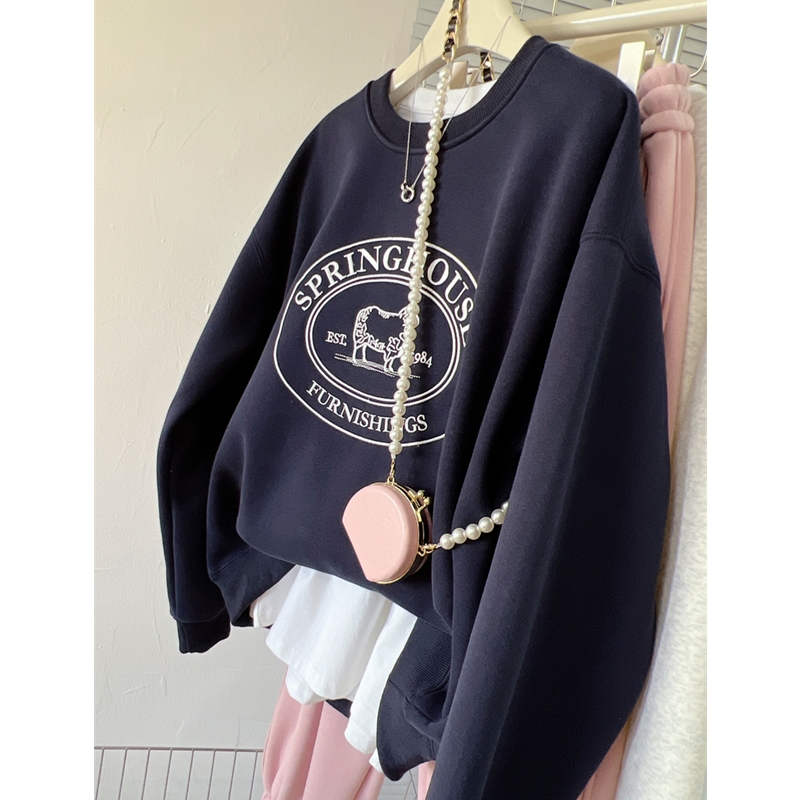 Ins Sle Women's Fleece Lined Letter Embroidered Loose Sweatshirt Thickened Autumn Winter New Arrival Korean Version Casual Top