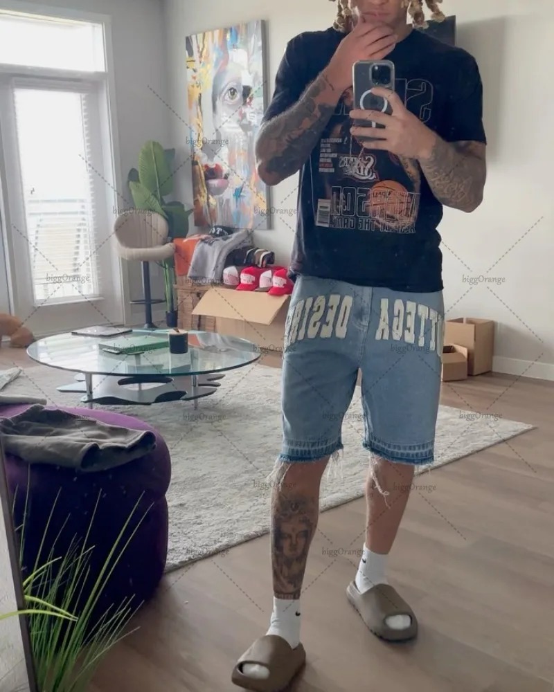American Street Harajuku Retro Denim Shorts z haftem w kształcie litery Oversized Jeans Men Y2k Loose Casual Versatile Shorts Women