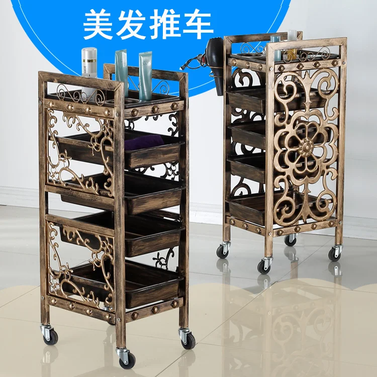 Chariot de salon de beauté avec roues universelles, rangement multicouche, outils de coiffeur, mode rétro, indépendant