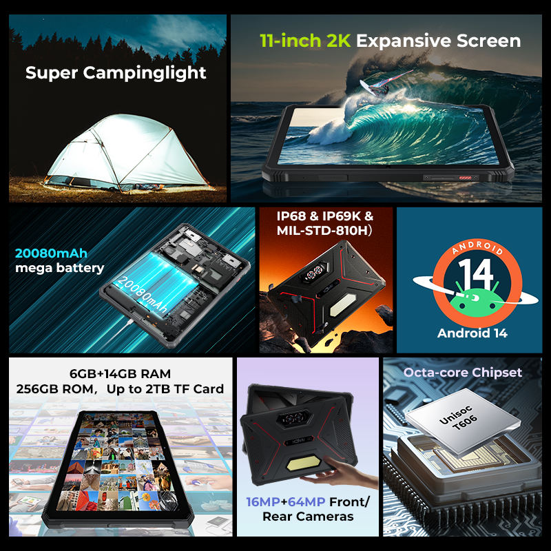 2024 original HOTWAV R9 Pro tabletas resistentes Android 14 11 "FHD + 20080Mah tableta 16MP + 64MP cámara 6GB + 256GB Camping luz ipad