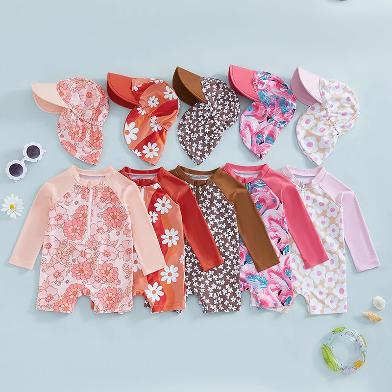 Tregren Traje de baño de manga larga para niña pequeña con estampado floral/flamenco, traje de baño con media cremallera y protector contra sarpullidos con sombrero para el sol, ropa de playa infantil