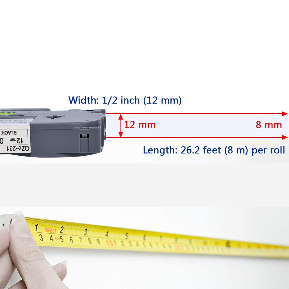 ใช้งานร่วมกับ Brother Label Maker Tze เทป 12 มม.0.47 สีขาว TZe-231 TZ-231 P-Touch Tze สีดําบน Whit เทปสําหรับ PTD220
