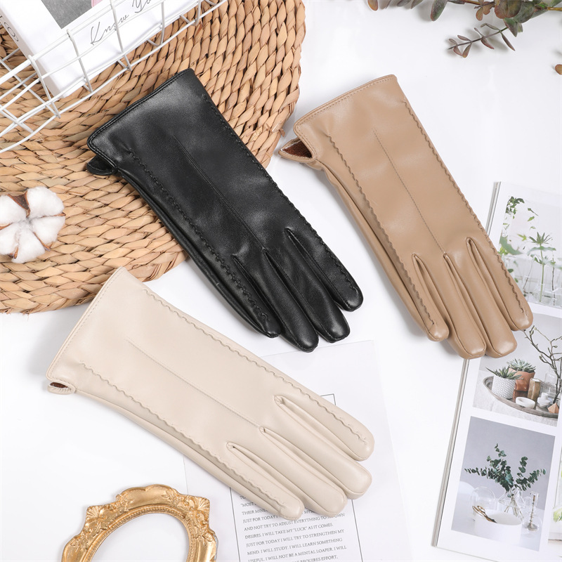 Gants en cuir pour femmes, chauds, automne et hiver, fleur de grande muraille, style coréen, forme de main modifiée, plus velours épais, équitation