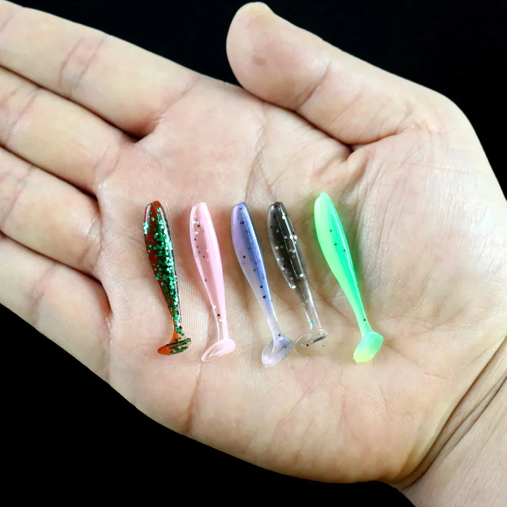 50 Uds Mini Señuelos de Pesca blandos, señuelo de gusano con cola en T, cebo Artificial de silicona, aparejos de pesca de Lucio