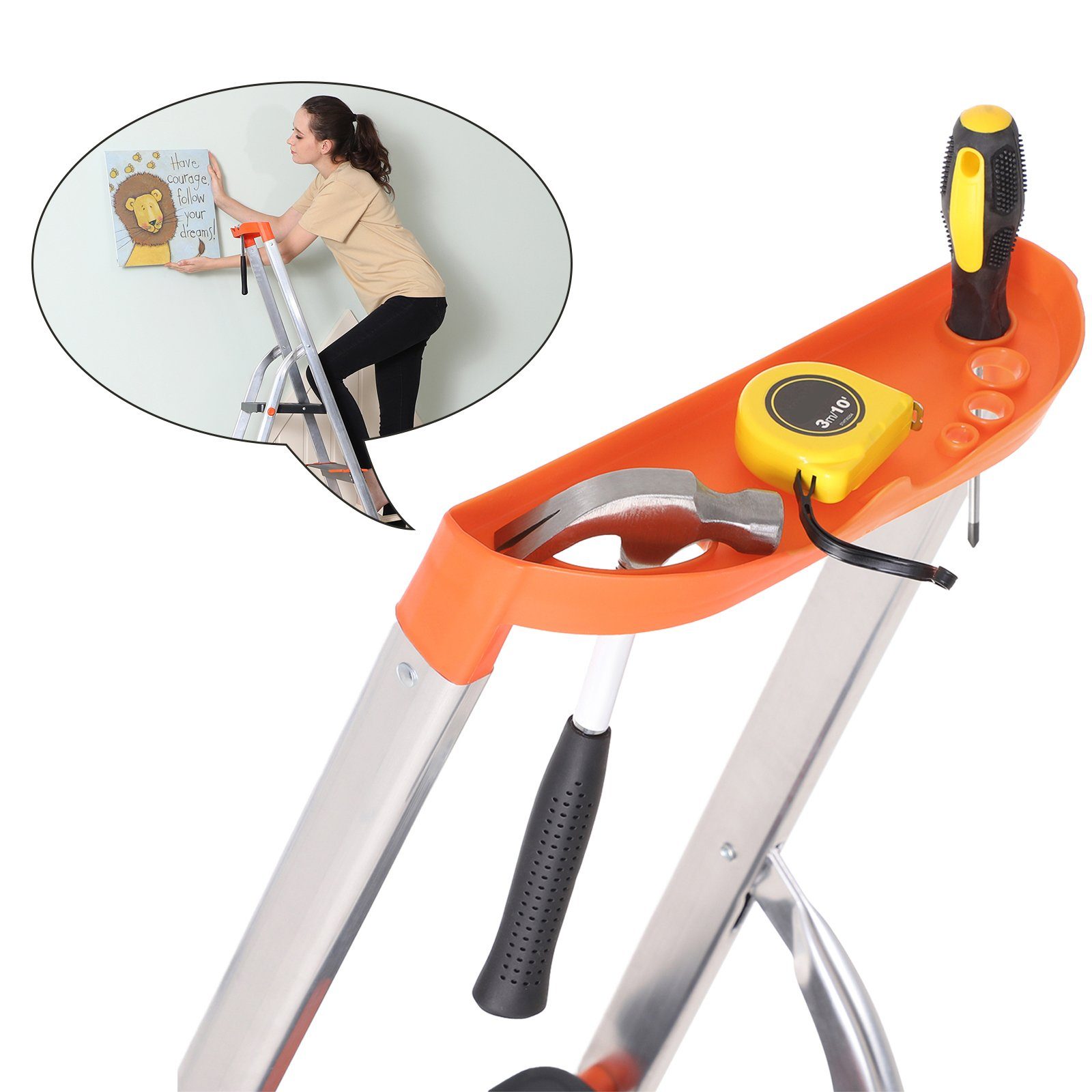 SONGMICS Leiter mit 3 Stufen, Aluleiter, 12 cm breite Stufen mit Riffelung, Anti-Rutsch-Füße