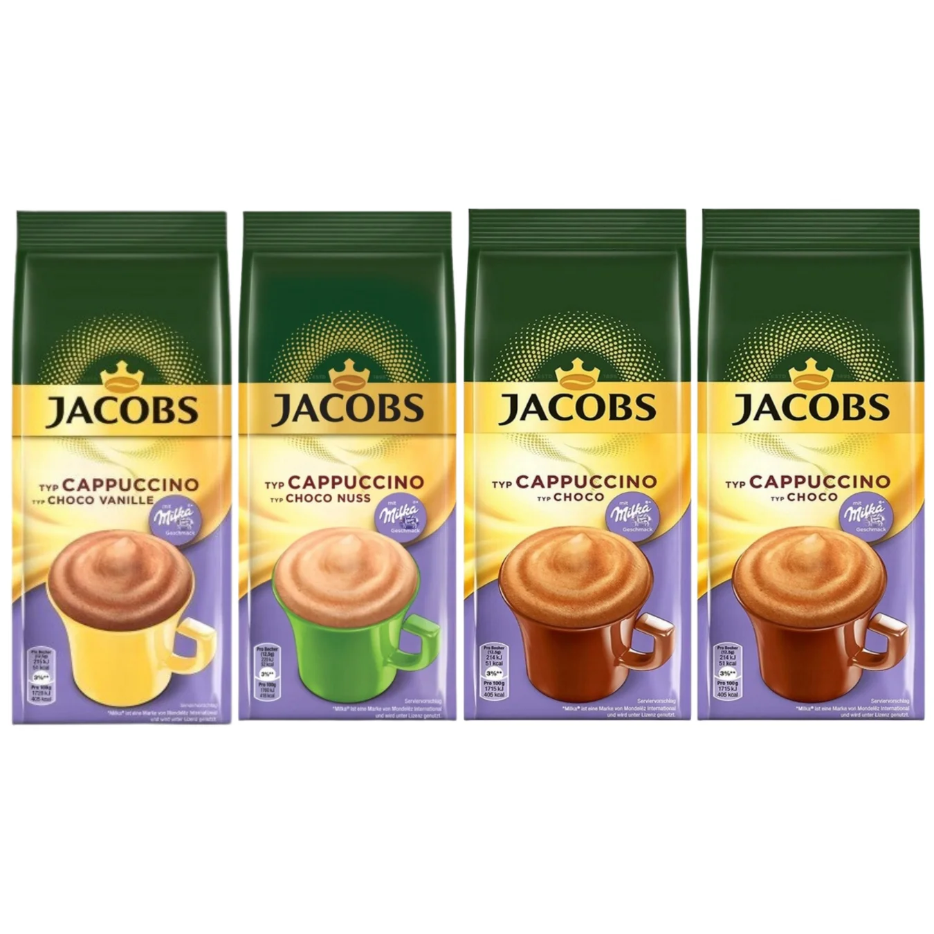 Jacobs Kawa rozpuszczalna milka 500g mix: Czekolada x 2 , Orzech x 1, Wanilia x 1
