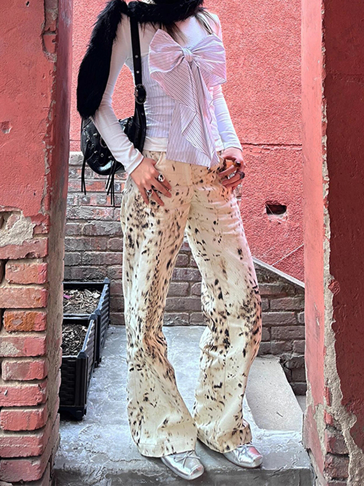 Wcfcx Studio Vintage Jeans mit Leoparden muster Frauen hoch taillierte Streetwear lässige Jeans hose mit weitem Bein gerade Baggy Jeans