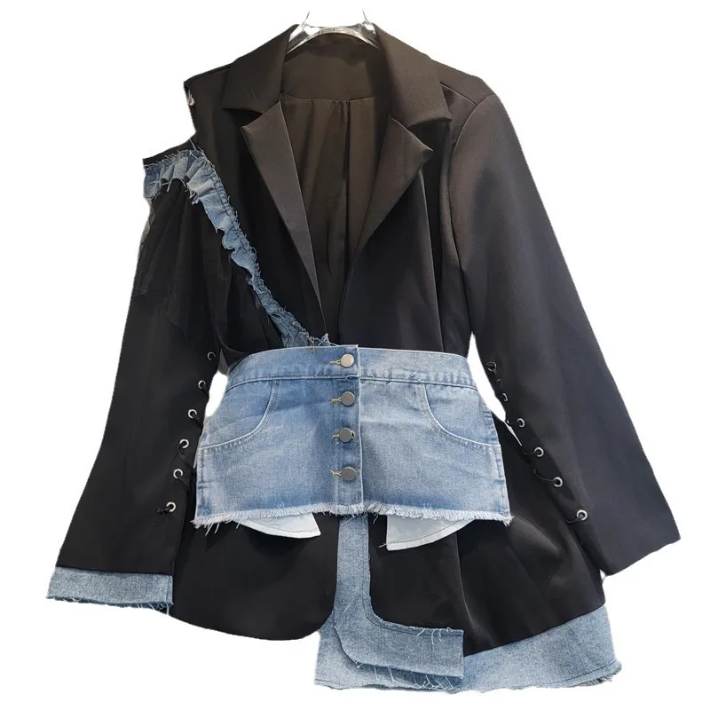 Frauen Unregelmäßige Aushöhlen Gespleißt Spitze Rüschen Anzug Jacke Mesh Geraffte Blazer Mantel Strickjacke Spitze Up Sleeve Tops mit Denim Gürtel