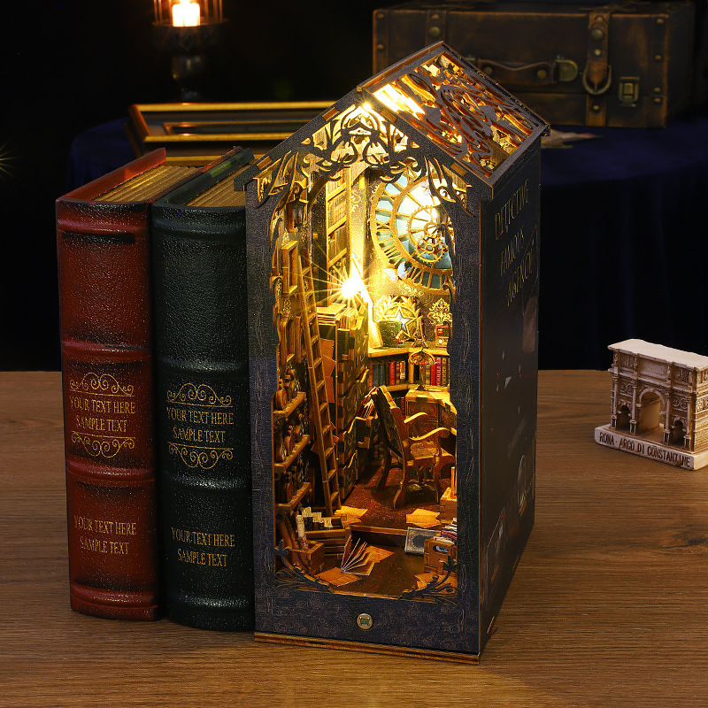 DIY Book Nook Kit Miniaturowy domek dla lalek z oświetleniem LED Puzzle 3D Model budynku Drewniana półka na książki Zabawka dla dorosłych Prezent urodzinowy