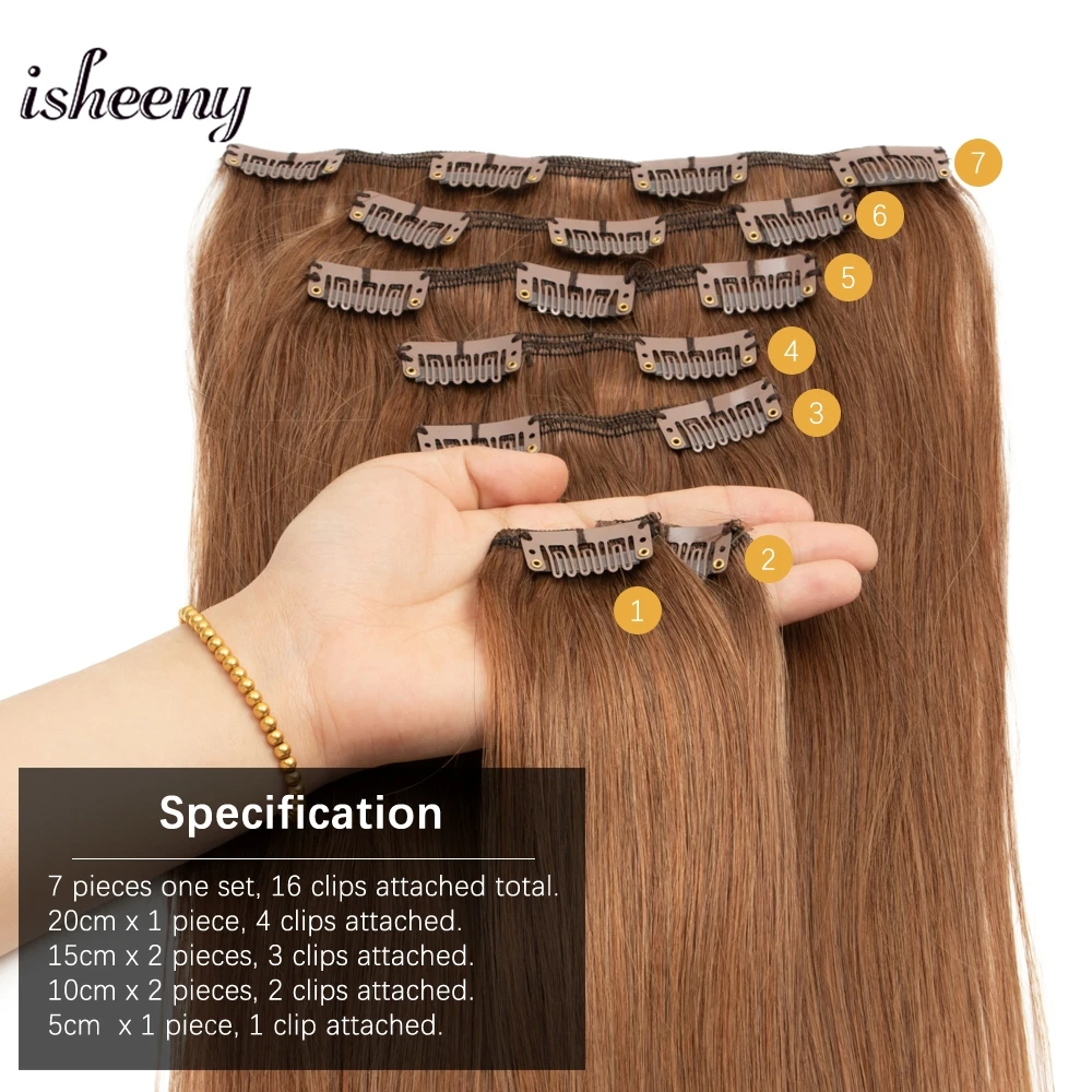 Isheeny Phản Lực Đen 7 cái/bộ Remy Kẹp Trong Toàn Đầu 12 "14" 18 "CLIP Trong Tóc phần mở rộng Thẳng