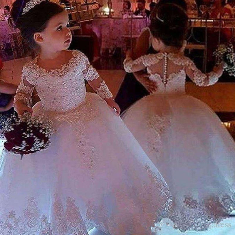 ชุดเดรสดอกไม้สําหรับงานแต่งงานTulleเจ้าหญิงลูกไม้แขนยาวHoly First Communion Gownsพรรคประกวดชุดสําหรับหญิง