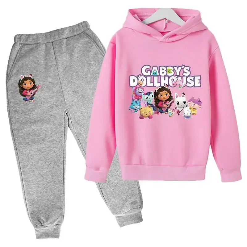 2024 Sudadera con capucha para niñas pequeñas, ropa para casa de muñecas Gabby, sudaderas con capucha, pantalones, conjuntos de 2 uds., disfraz bonito para niños, chándales para niños, gatos Gabby