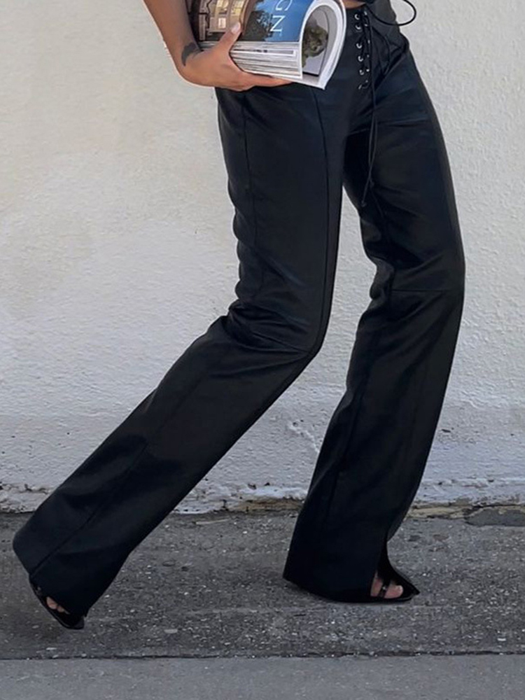 Cryptographic moda pu couro falso cintura alta calças retas magros para mulheres streetwear inferior clube festa goth pant