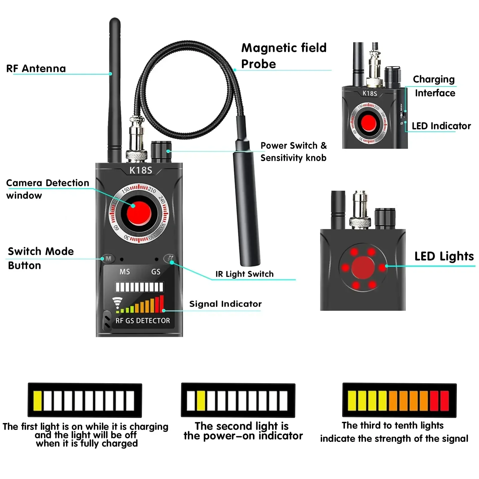 K18 Detector Multi-function Anti Mini Bug Audio SPY-Camera GSM Finder GPS Signal Lens RF Locator Tracker Detect Wireless Camera