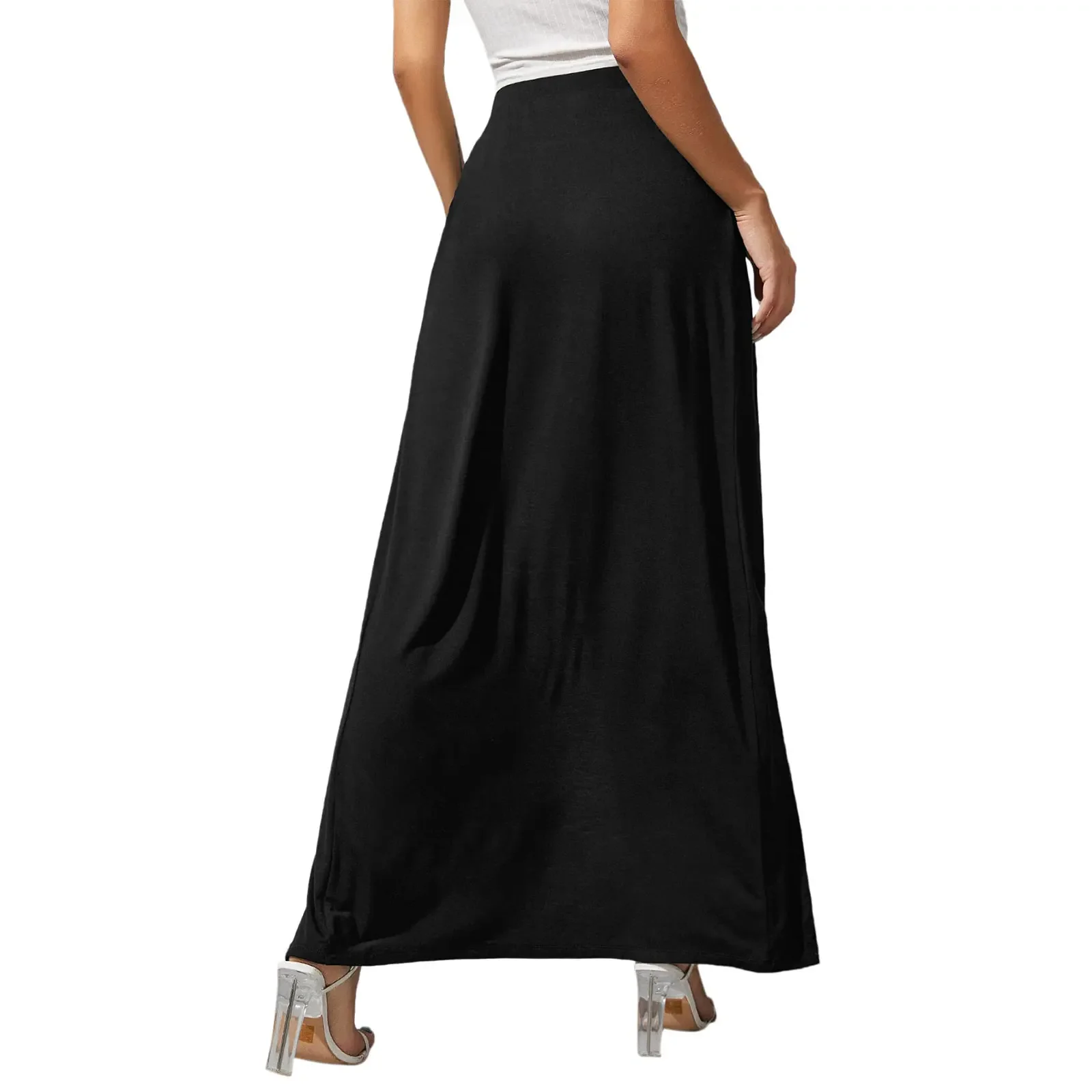 Combhasaki, ropa de playa bohemia de verano para mujer, faldas largas elásticas de cintura alta de Color sólido con abertura alta y ajuste holgado con absorción de sudor