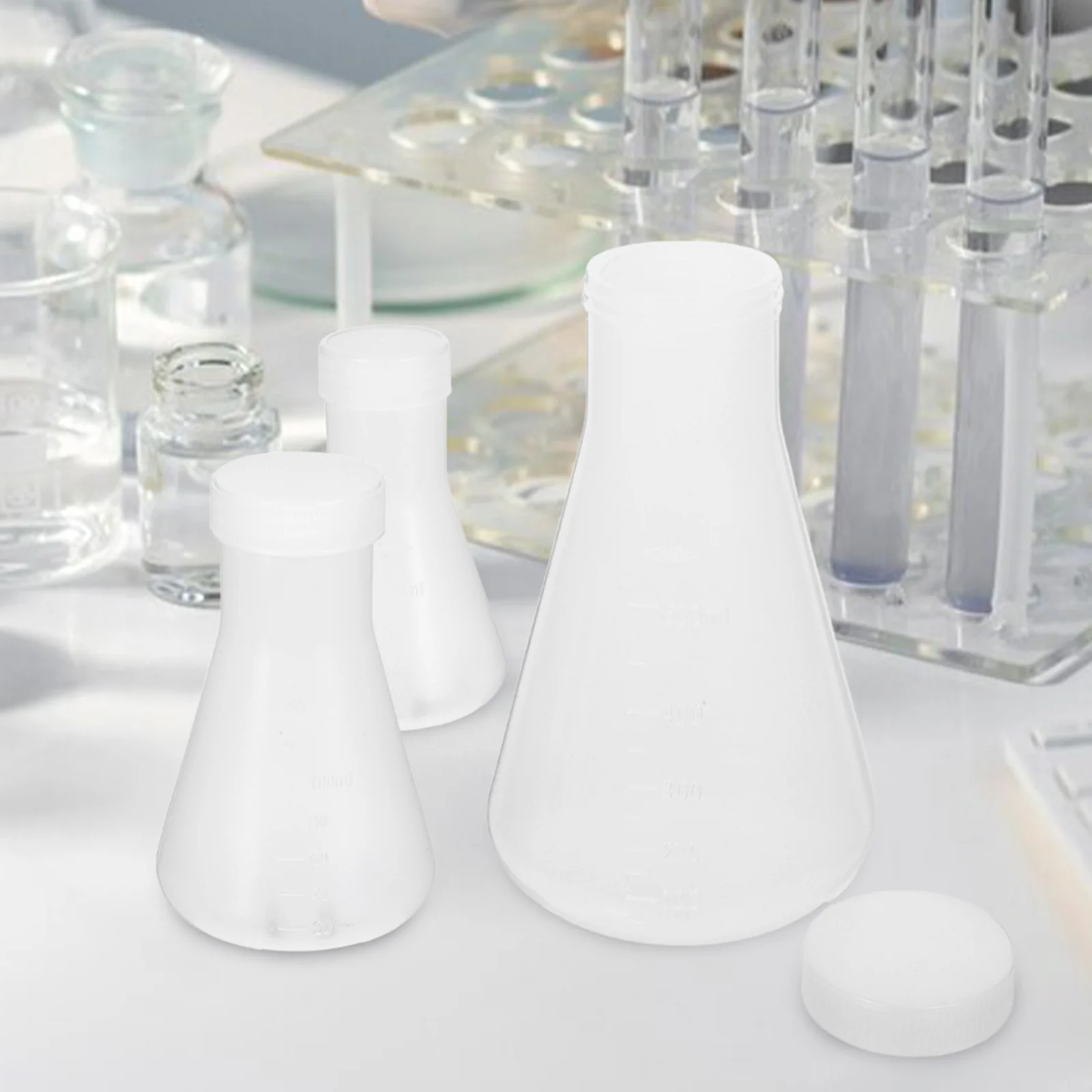 3 Buah Botol Plastik Botol Kerucut dengan Sekrup untuk Percobaan Siswa Laboratorium Kimia Putih (50Ml + 100Ml + 500Ml)