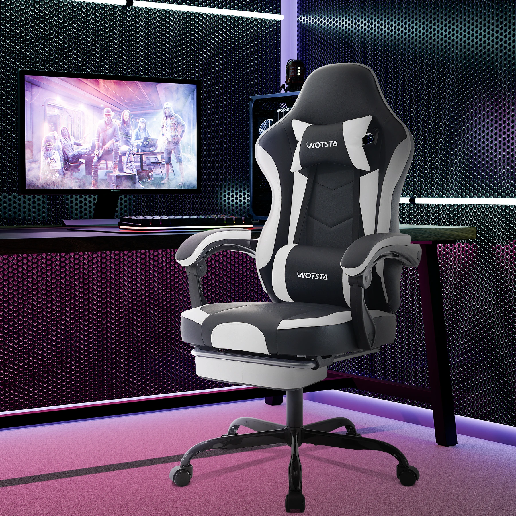 WOTSTA Gaming-Stuhl mit Fußstütze, Gamer-Stühle, ergonomisch, mit Lendenkissen, Kopfstützenstuhl, höhenverstellbarer Computerstuhl