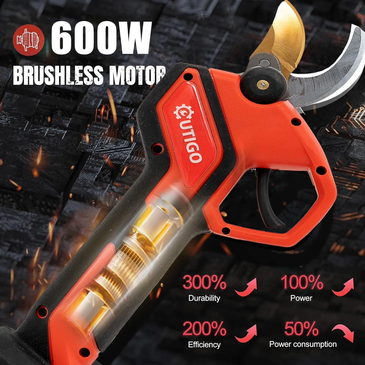 OUTIGO Forbici Potatura Elettriche con 2x21V Batterie, 25 mm, 2*1500mAh, con Motore brushless per giardinaggio, alberi da frutto, vigneto