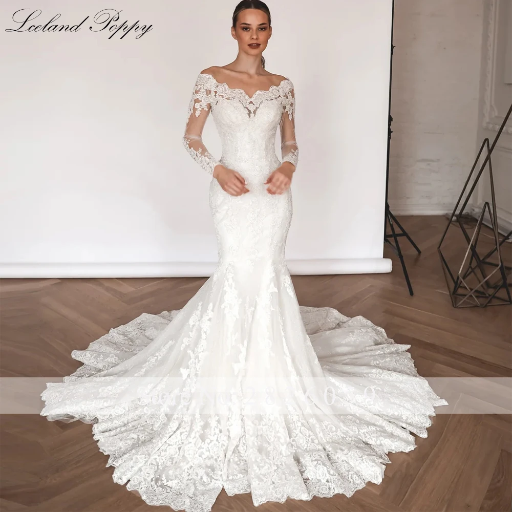 Lceland Poppy Abiti da sposa personalizzati in pizzo a sirena con scollo a barca Applicazioni di perline Abiti da sposa a maniche lunghe con strascico staccabile
