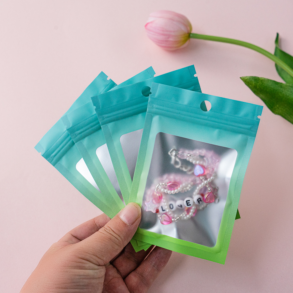100 sacos gradientes dos pces resealable com zíper embalagem plástica display bolsa de armazenamento de jóias embalagens pequenas empresas suprimentos