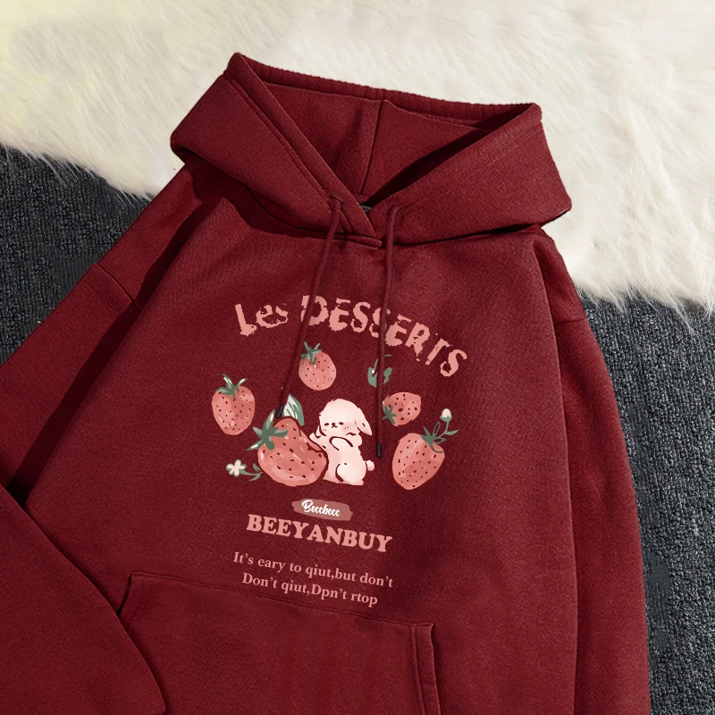 Sudadera con capucha de moda para mujer, sudadera con estampado de fresa y conejo, jersey transpirable suave y cálido con bolsillo, Sudadera con capucha para Otoño e Invierno