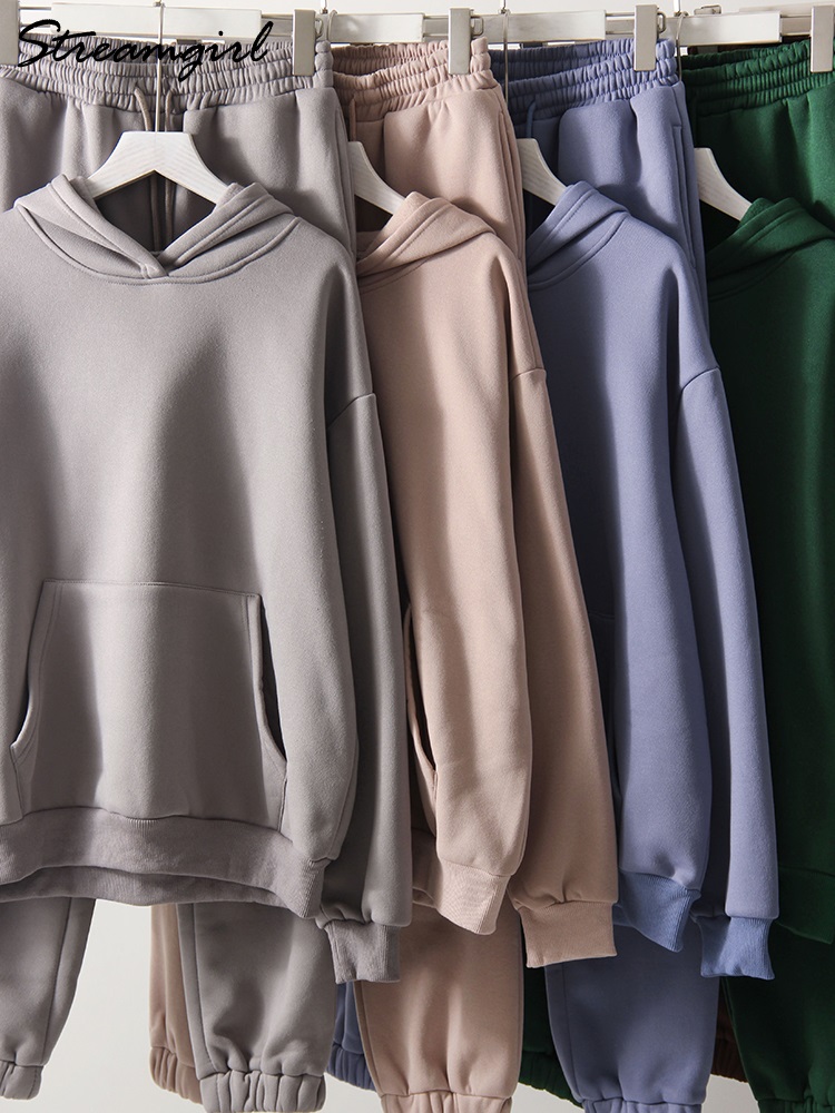 グレー暖かいフリーススーツ女性のための冬の厚いベルベットパンツセットスウェットパンツトレーナーレディース Warrn トラックスーツ女性 2 点セット