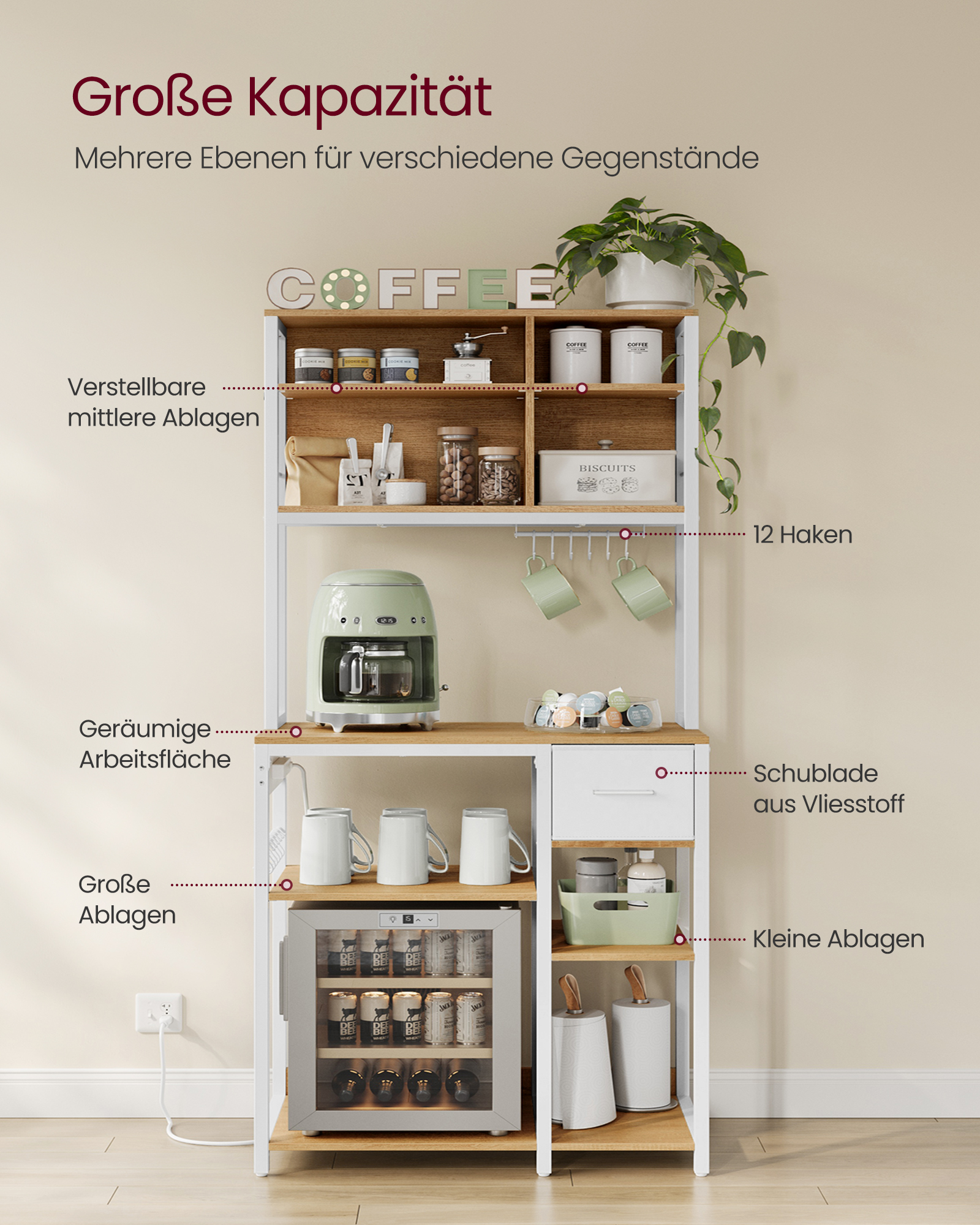 VASAGLE stopcontacten keukenplank standaard rek magnetronplank verstelbare planken stoffen lade