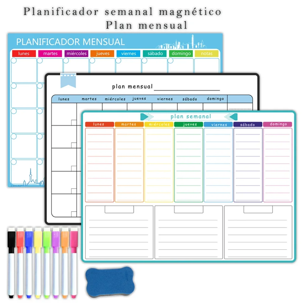 A3 Size Magnetic Weekly &monthly Planner：Spanish, French, English.Dry Erase Whiteboard Fridge Sticker Calendar