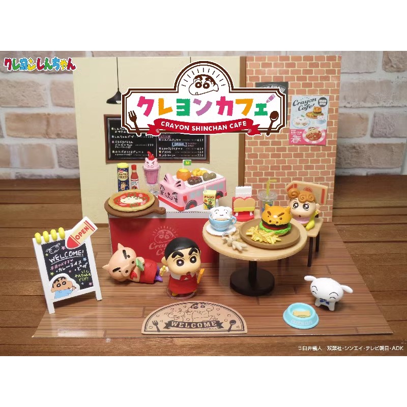 Figuras dos desenhos animados lápis shinchan em miniatura café sobremesa tarde chá cena adereços caixa cega ornamentos de mesa crianças presentes aniversário
