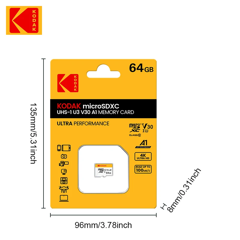 Carte mémoire d'origine KODAK 64 Go 128 Go 256 Go U3 4K Micro SD 32 Go SDHC UHS-I C10 A1 V30 TF SancFlash Microsd