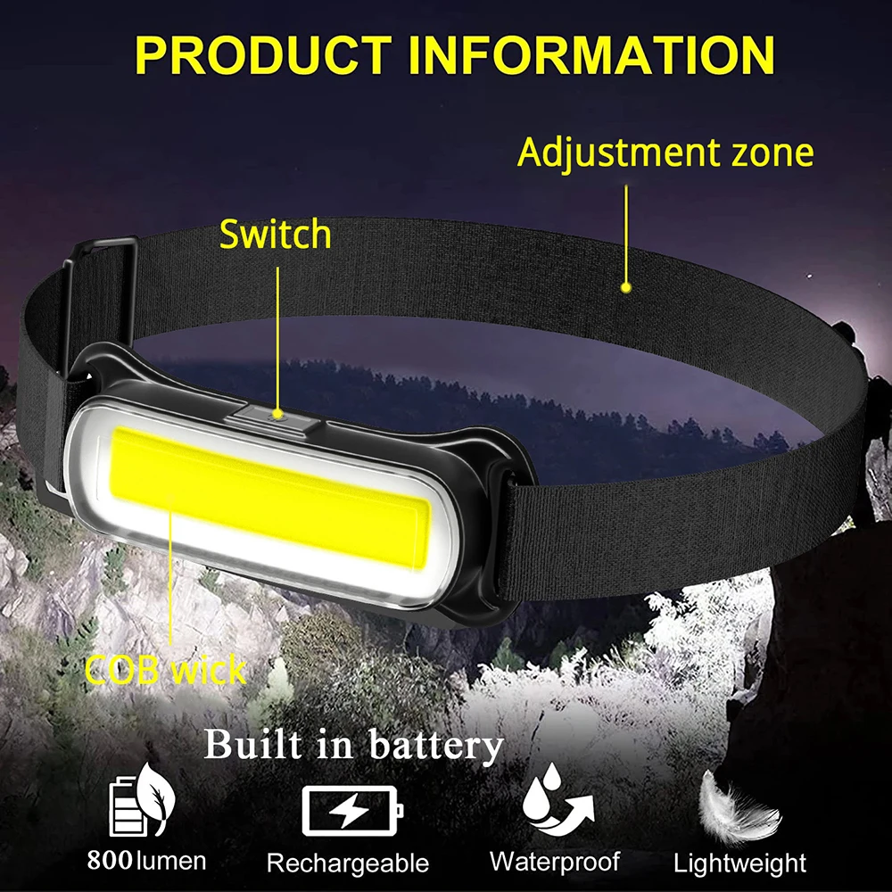 USB wiederaufladbare LED-Stirnlampe, 3 Modi, Angeln, Camping, Laterne, wasserdicht, Mini-Scheinwerfer, tragbares Flutlicht, COB-Stirnlampe
