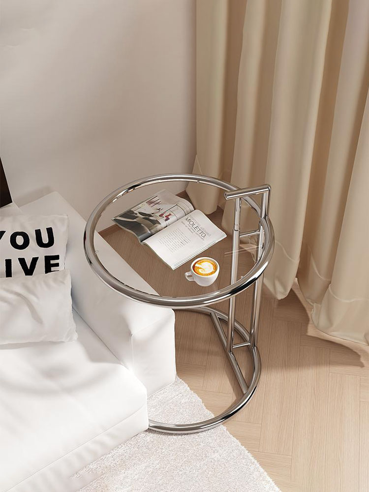 Mesas de centro de vidrio nórdico, muebles de sala de estar, mesa lateral de balcón, mesa de té de elevación de acero inoxidable, mesitas de noche transparentes
