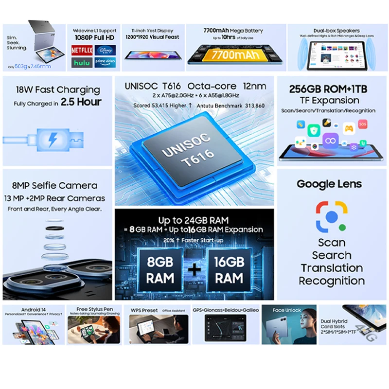 Blackview Tab 16 Pro Tablets 11'' FHD+ Display Widevine L1 8 ГБ 256 ГБ Unisoc T616 Android 14 7700 мАч 4G Tablet Pad PC