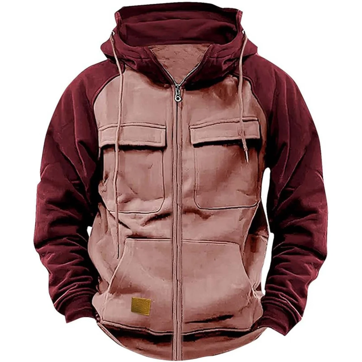Sudadera con capucha para hombre, chaqueta polar de retales con cremallera, cálida, deportiva, Otoño Invierno, con múltiples bolsillos, capucha de moda