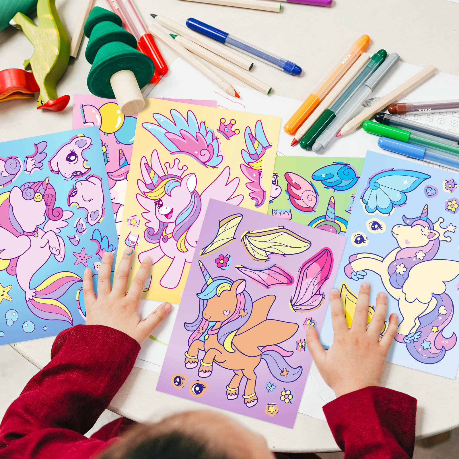 6/12 pçs arco-íris cavalo diy quebra-cabeça adesivo jogos unicórnio fazer um rosto engraçado montar adesivos educativos
