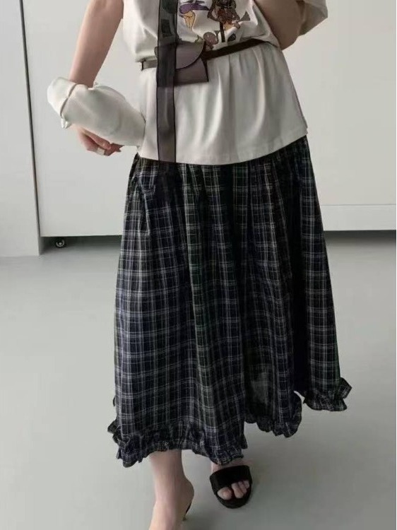 Saia  A-Line Retro em Xadrez Preto para Mulheres Verão 2025 Cintura Alta com Barra Larga e Detalhes Florais Modelo Solto ...