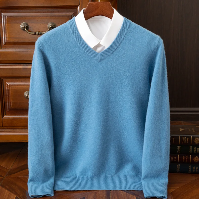 2025 Herren 100 % Merinowolle Kaschmir V-Ausschnitt Pullover Pullover Smart Casual Basic Langarm Strickwaren Kleidung Tops Herbst Winter