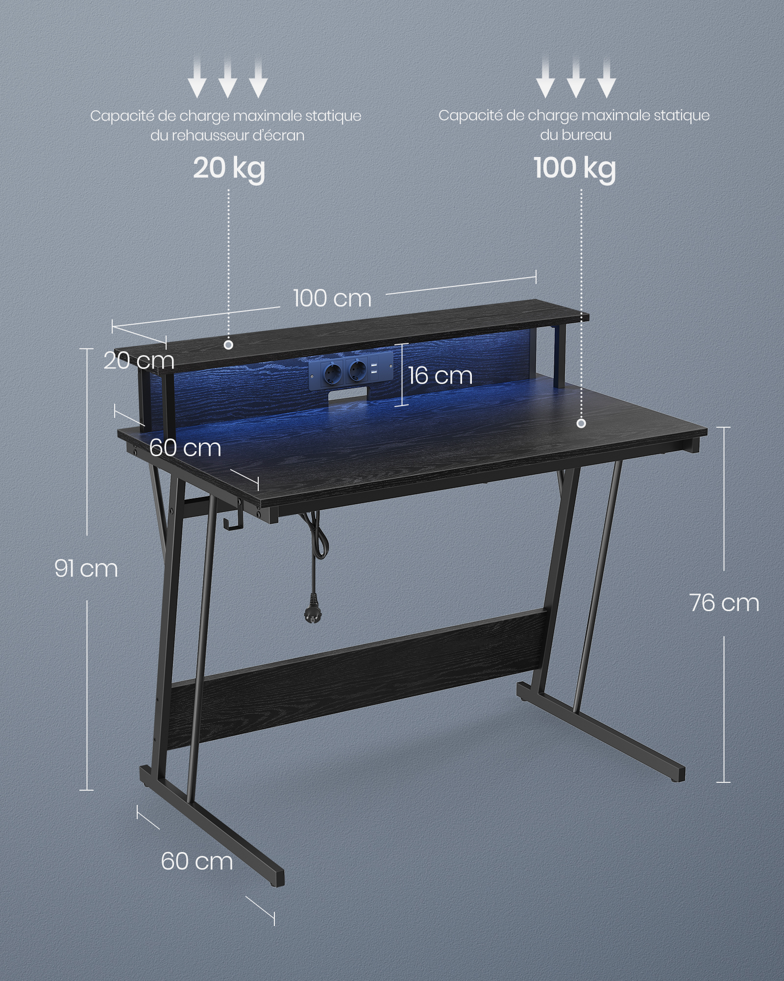 VASAGLE Bureau Gaming avec LED et Multiprise, Table Gamer, Bureau Informatique avec Rehausseur d’Écran, pour 2 Ordinateurs, pour Chambre, 60 x 100 x 76 cm