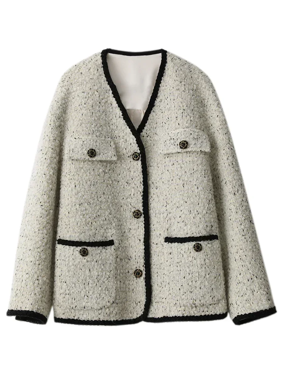 Chique ven casaco de lã feminino indústria pesada para baixo jaqueta vintage com decote em v mulher para baixo casaco feminino topos outono inverno 2024
