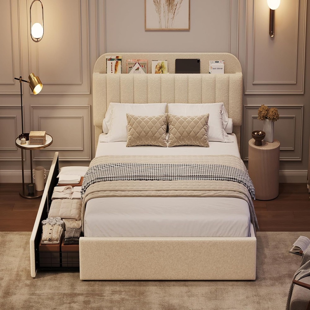 Twin Bed Frame with Storage Headboard, Kids Bed Frame with 2 Drawers, Boucle Upholstered Platform Bed with Bookcase,