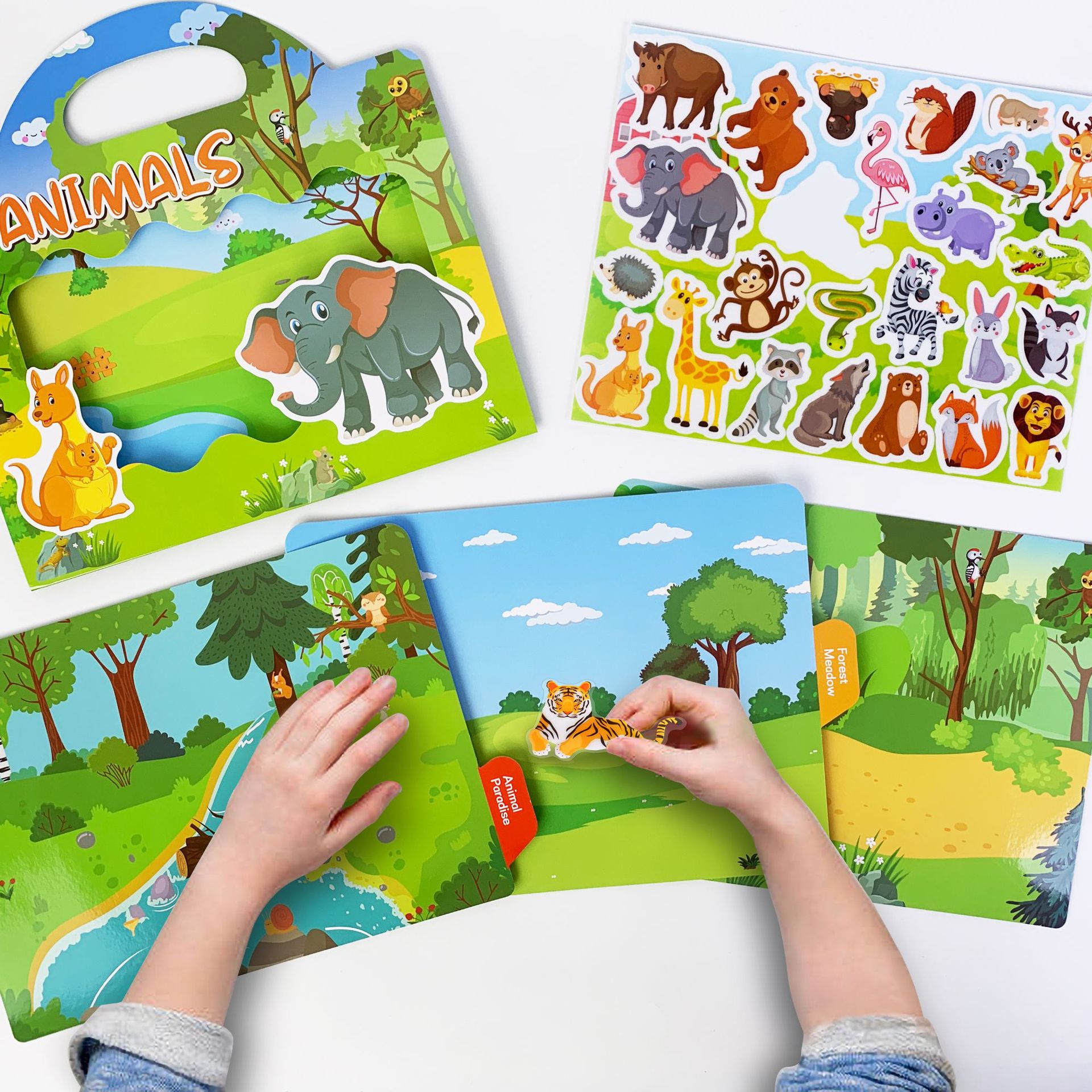 นํากลับมาใช้ใหม่การ์ตูนสัตว์ฉากสติกเกอร์สําหรับเด็ก DIY Hand-on ปริศนาการเรียนรู้ความรู้ความเข้าใจหนังสือปริศนาของขวัญของเล่นเพื่อการศึกษาสําหรับเด็ก