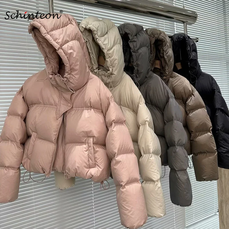 Schinteon Damen-Daunenjacke mit weißer Ente und Kapuze, Herbst-Winter, warm, über Größe, lässig, kurz, dick, Oberbekleidung, 2024, Neu